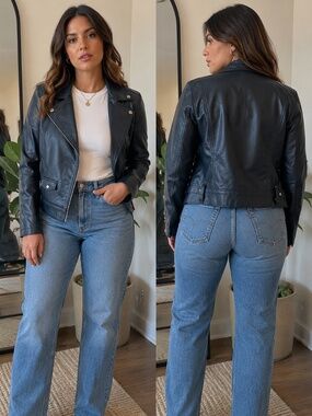 GUESS Black Faux Leather Moto Jacket XL | Silver Hardware | Biker Style
